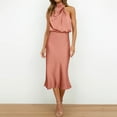 thumbnail image 3 of Daiosportswear Robes de Cocktail pour Femmes Satin Soie Sans Manches Col Montant Taille Haute Maxi Robe d'Invitée de Mariage Vêtements de Printemps, Robe Sans Manches pour Femmes Rouge Melon D\'eau L(L), 3 of 8
