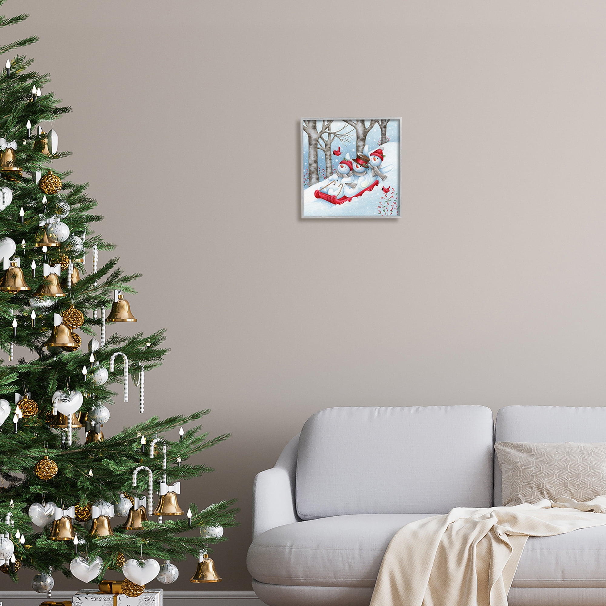 Stupell Industries Happy Snowman Trio Sledding Holiday Painting Gray Framed Art Print Wall Art, 12 x 12