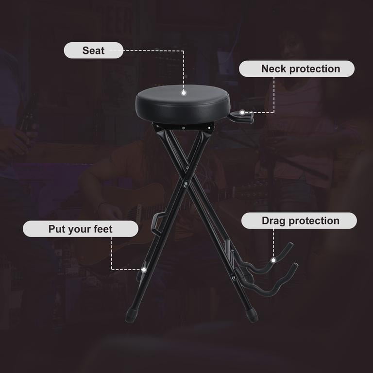 Guitar Stool with Foldable Stand Padded Cushion Built-in Guitar Stand Retractable Hook Foot Rest Bar Non-Slip Feet for Acoustic Electric Bass Guitar