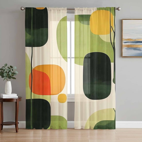 Abstract Geometric Sheer Curtains 84 Inch Length 2 Panels Set, Green Vintage Art Aesthetic Voile Window Treatment Rod Pocket Curtains Sheers Drapes for Bedroom/Living Room/Kitchen 52"x84"x2