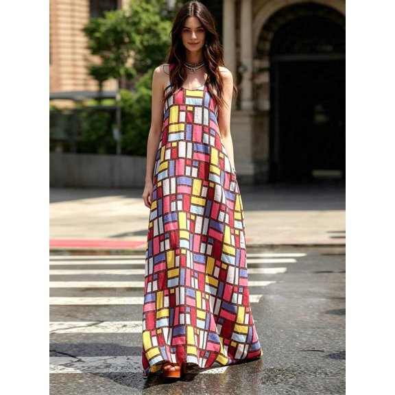 Women Geometric Grid‑Print Sleeveless Scoop‑Neck A‑Line Maxi Dress, Casual Summer Long Dress