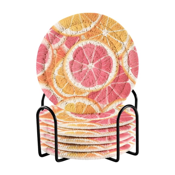 Yayeee 6 PCS Drink Coasters with Holder Set Woven Absorbent Round Tabletop Hot Pad, Pink Grapefruit Slices