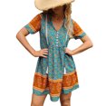 thumbnail image 1 of Vestido de verano verde vibrante, informal, estilo vacaciones, con escote con lazo y mangas cortas para mujer, 1 of 6