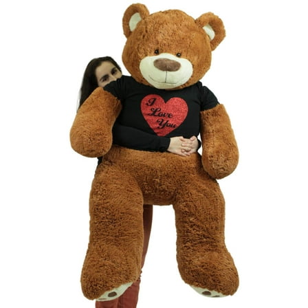 5 Foot Very Big Valentine Teddy Bear Wearing Black and Red I Love You T-shirt Soft Cookie Dough Color