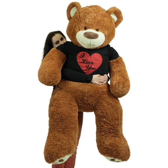 5 Foot Very Big Valentine Teddy Bear Wearing Black and Red I Love You T-shirt Soft Cookie Dough Color