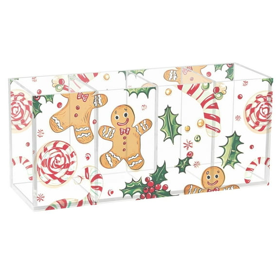 Pen Holder 4 Compartments Acrylic Pencil Cup Desktop Makeup Organizer Office Supplies Gingerbread Men Holly Leaves