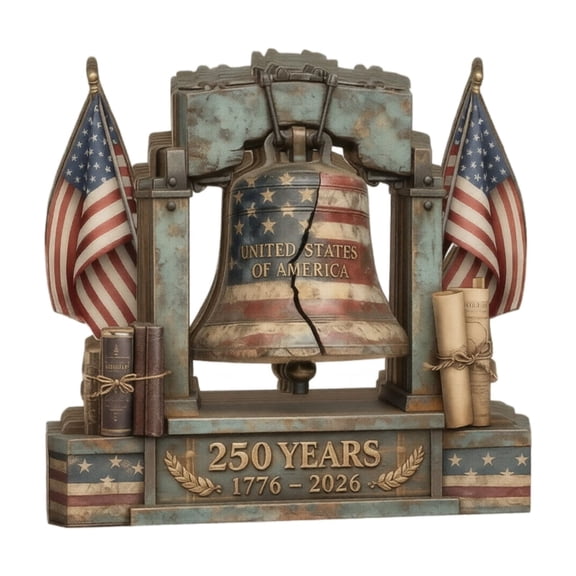 Liberty Bell Centerpiece with American Flags and Scroll Design, 1 Piece, Red White and Blue Vintage Finish, for Home and Office Desk, 250Th Anniversary Decoration