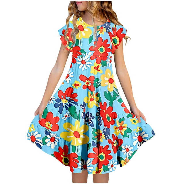Zpanxa Robes Florales pour Filles Été Manches Courtes Manches Volantées Col Rond Imprimé de Fleurs Taille Poche Robe Superposée Polyester Spandex Multicolore 8-9 Ans