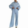thumbnail image 2 of Women'S Two Piece Outfits Casual Knit Hooded Sweater Straight Leg Pants Set Fall Lounge Travel Clothes Blue M, 2 of 7