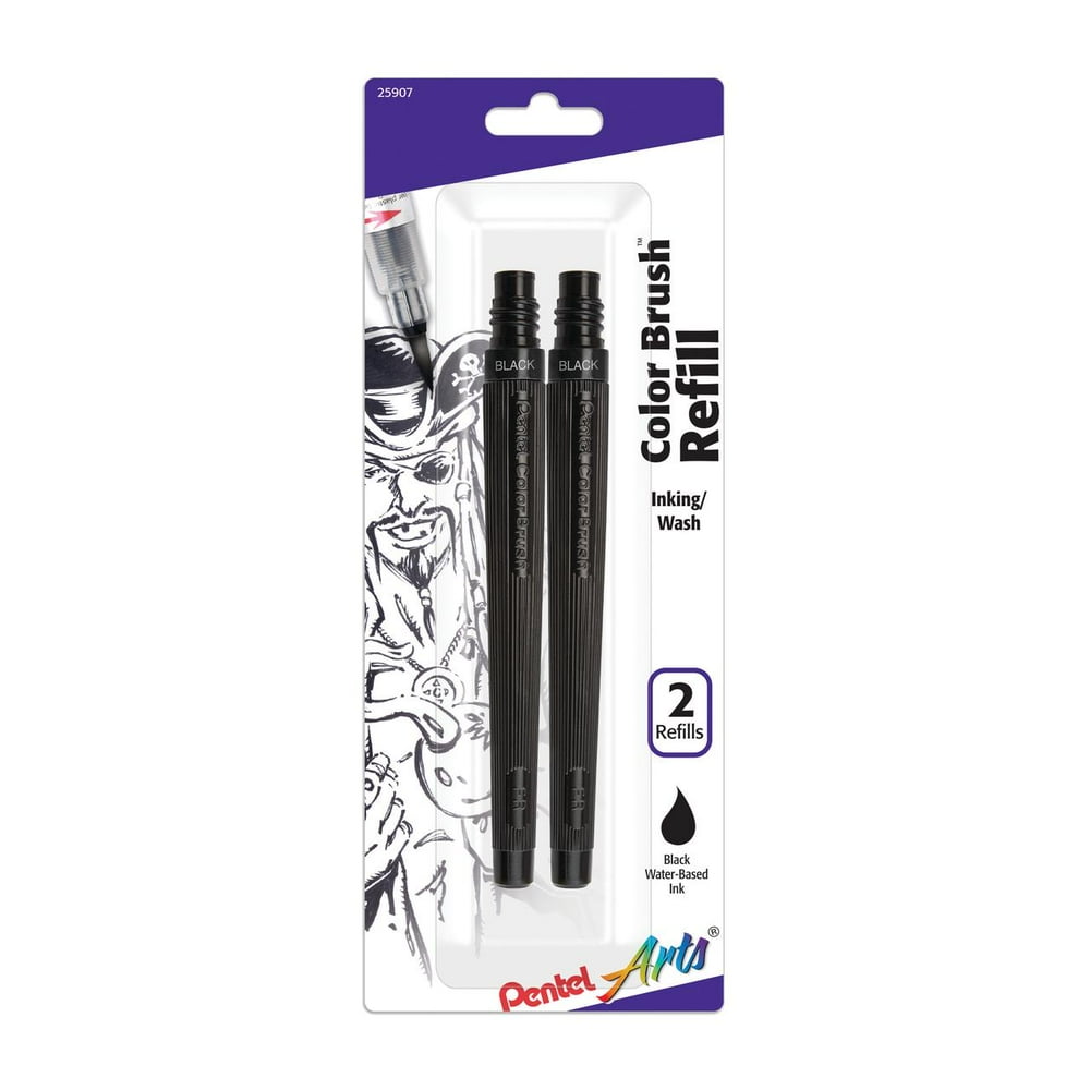 Pentel Color Brush Pen Refill Ink Cartridges, 2/Pkg., WaterBased, Black