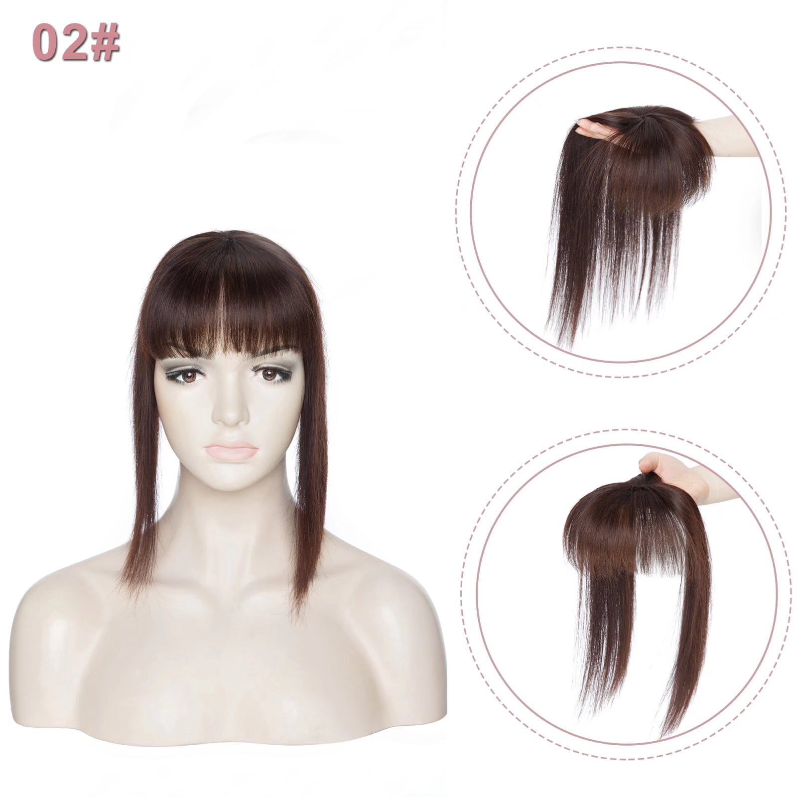 MY-LADY Hair Toppers for Women Real Human Hair with Bangs 3 Clip In Remy Topper Hairpiece for Thin Hair Natural Looking Hair Extensions 14inch #02 Dark Brown