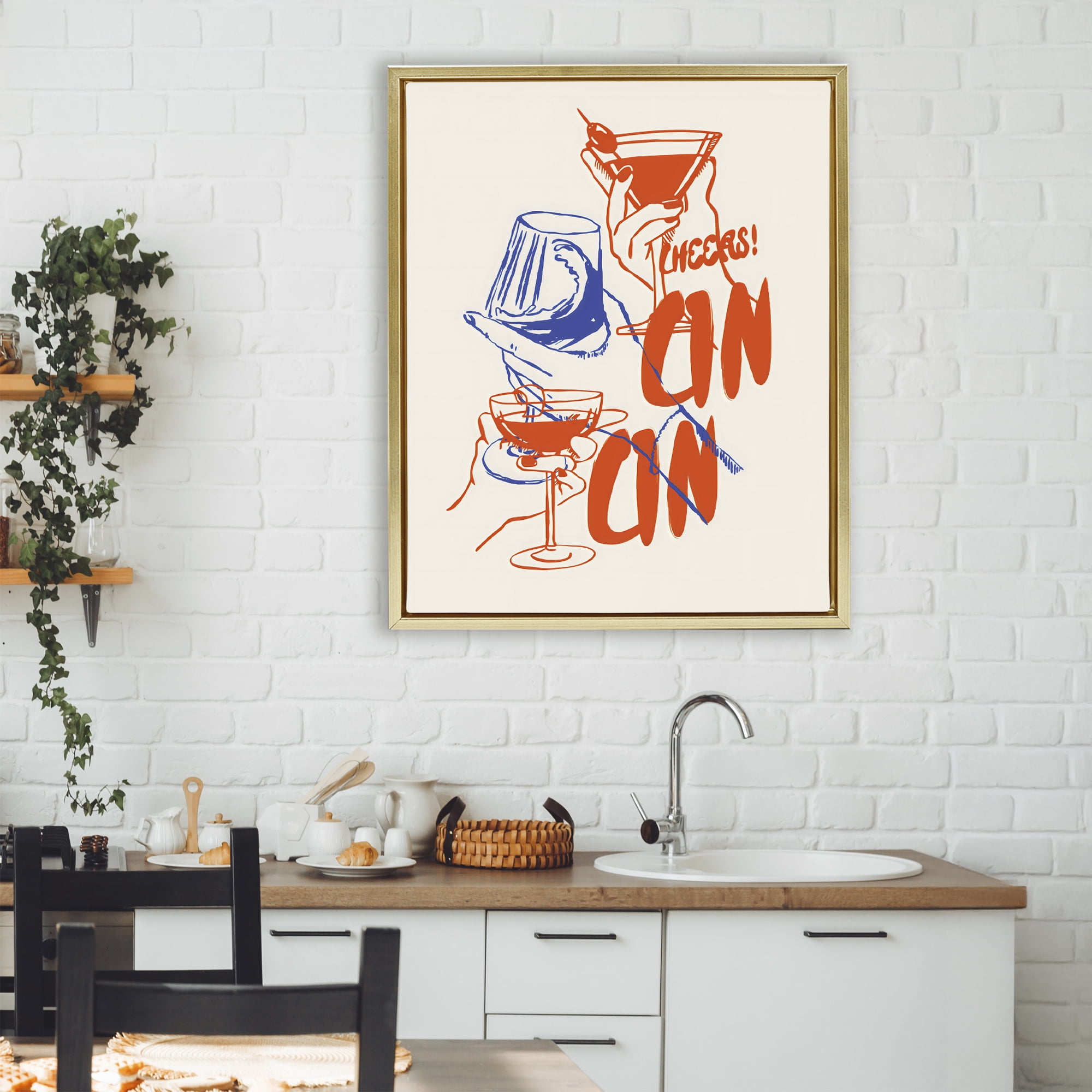 Stupell Industries Retro Cheers Cocktail Toast Gold Framed Floater Canvas Wall Art, design by The Prints Vibe