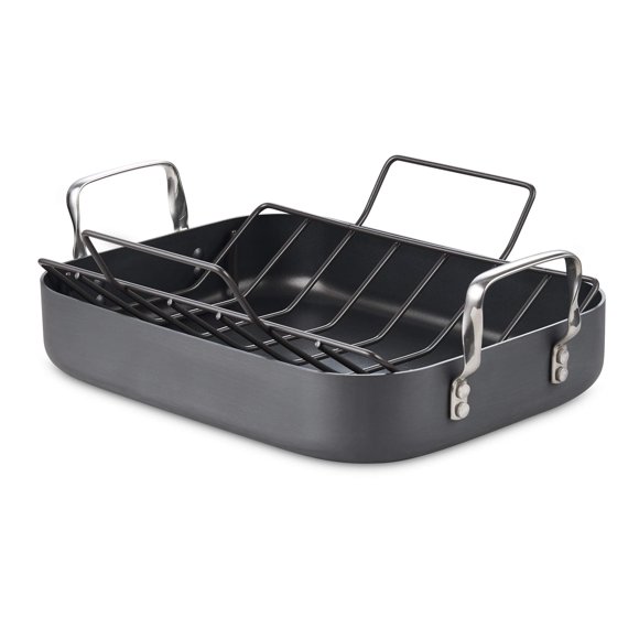 Cooks Standard Turkey Roasting Pan with Rack Hard Anodized Nonstick 16-Inch x 12-Inch Chicken Ham Roaster Pan Multi-Use Grill Pan with Handles Black