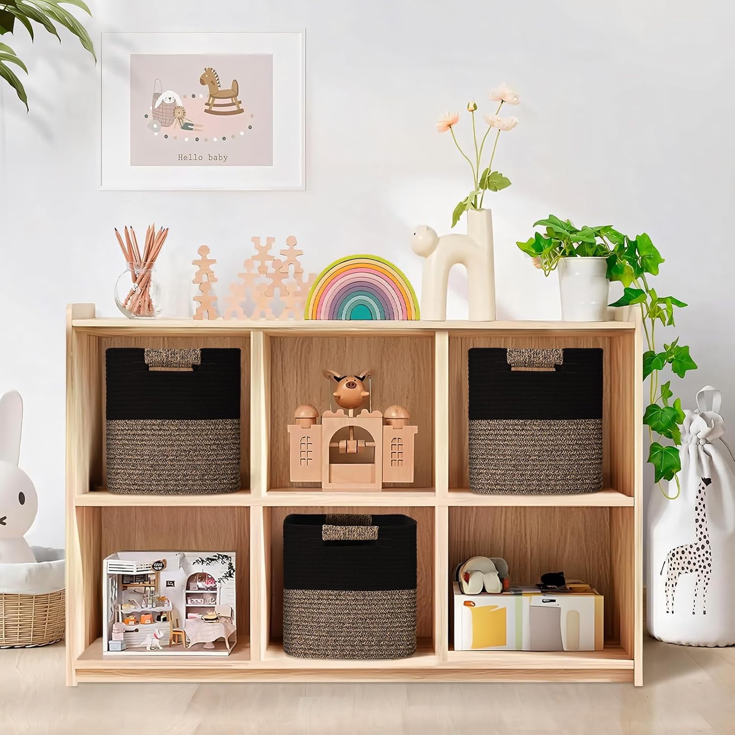 Natubeau 3 Pack Woven Storage Basket for Shelves, Cube Storage Bins, Cotton Rope Woven Baskets for Organizing, 11 Inch, Black