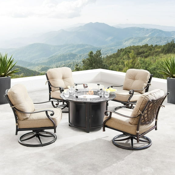 5-Piece Brown and Charcoal Black Outdoor Patio Round Fire Table with Four Swivel Rocking Chairs 44"