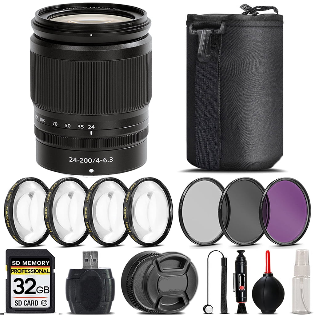 Nikon NIKKOR Z 24-200mm f/4-6.3 VR Lens + 4PC Macro Kit + UV, CPL, FLD  Filter - 32GB Kit