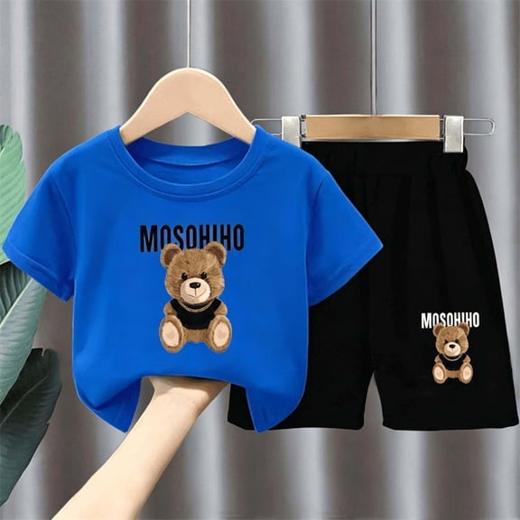 Tdoqot Toddler Boys Graphic Outfits Set- Casual Soft Cotton Cute Short Sleeve Kids Summer Clothes Tees and Shorts Blue Size 3 T