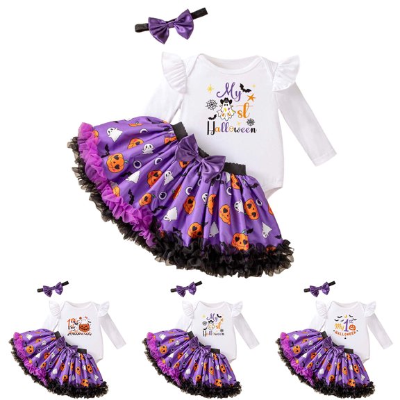 ibiyuan Halloween Baby Girl Outfits Ruffle Sleeve Bow Pumpkin Clothes Rainbow Tutu Skirt Romper Dress with Headband Halloween Little Girl Dresses