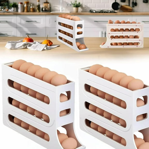 4 Tiers Egg Holder for Fridge, Automatic Scrolling Egg Rack Holder Storage Box, Space-Saving Egg Dispenser Holder, Large Capacity Eggs Organizer Storage 30 Egg for Fridge, Kitchen (Transparent, 1PCS)