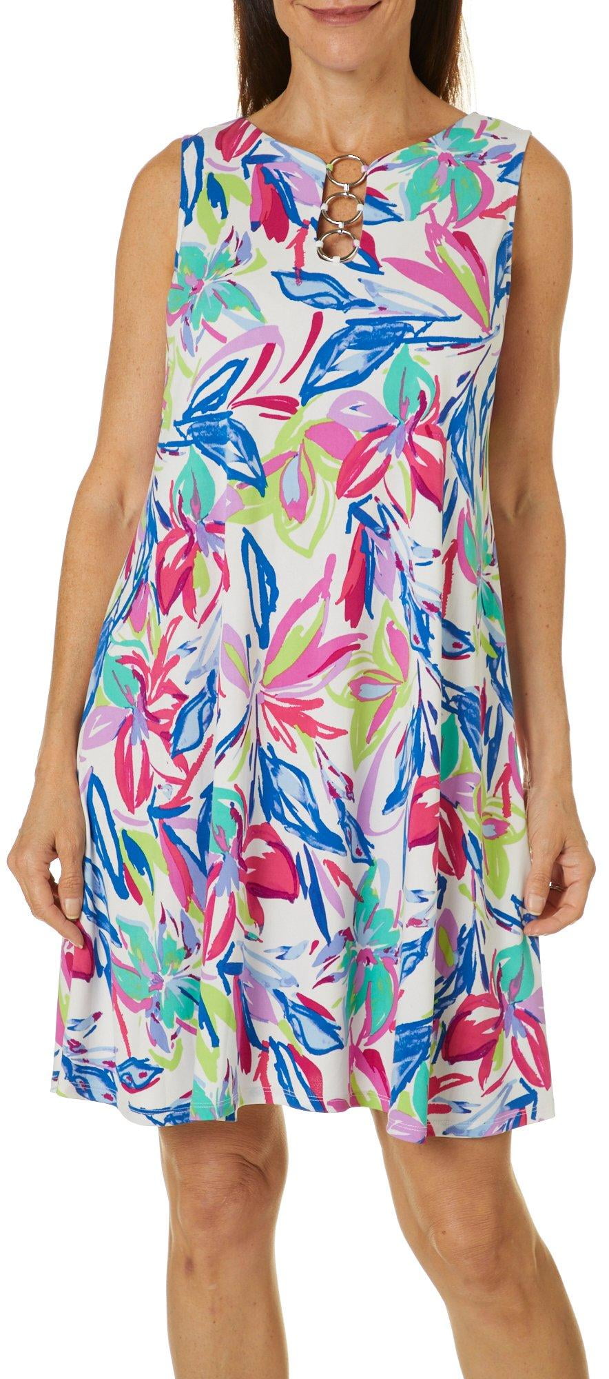 MSK MSK Womens Sleeveless Bright Floral Print Ring Neck Dress