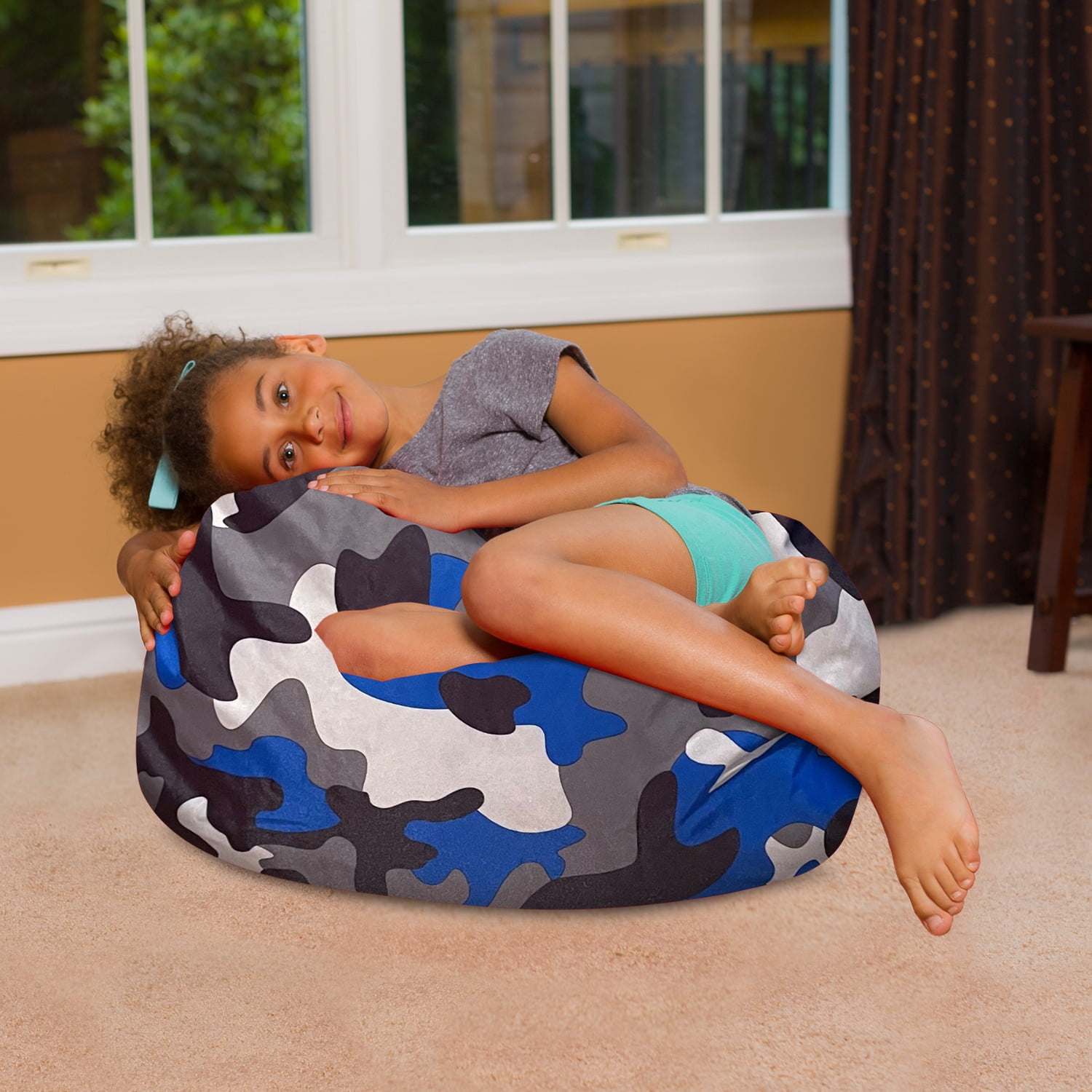 Posh Creations Bean Bag Chair for Kids, Teens, and Adults, 27in - Medium, Nylon Camo Blue and Brown