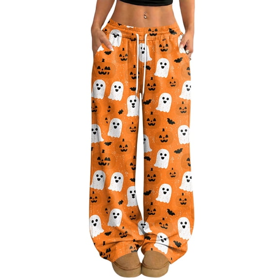 Fabrcox Halloween Women's Pajamas Pants Funny Pumpkin Ghost Cat Lounging Pants for Women Spooky Comfy Fall Winter Wide Leg Sleep Pants Women