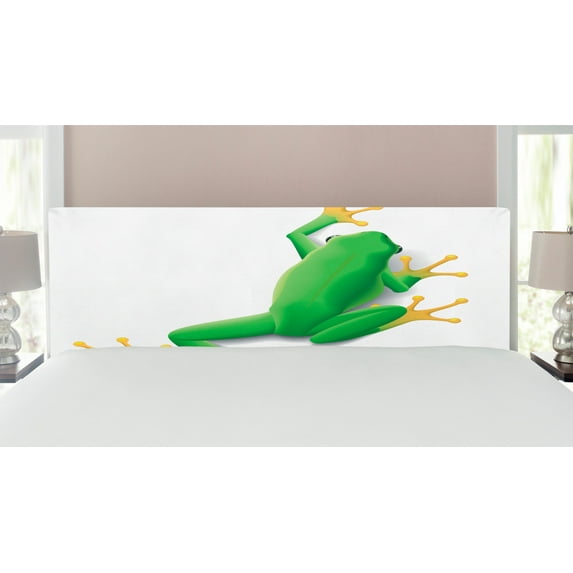 Animal Headboard, Illustration of a Frog from Behind Little Paws Tropic Nature Wildlife Modern, Upholstered Decorative Metal Bed Headboard with Memory Foam, King Size, Green White Yellow, by Ambesonne