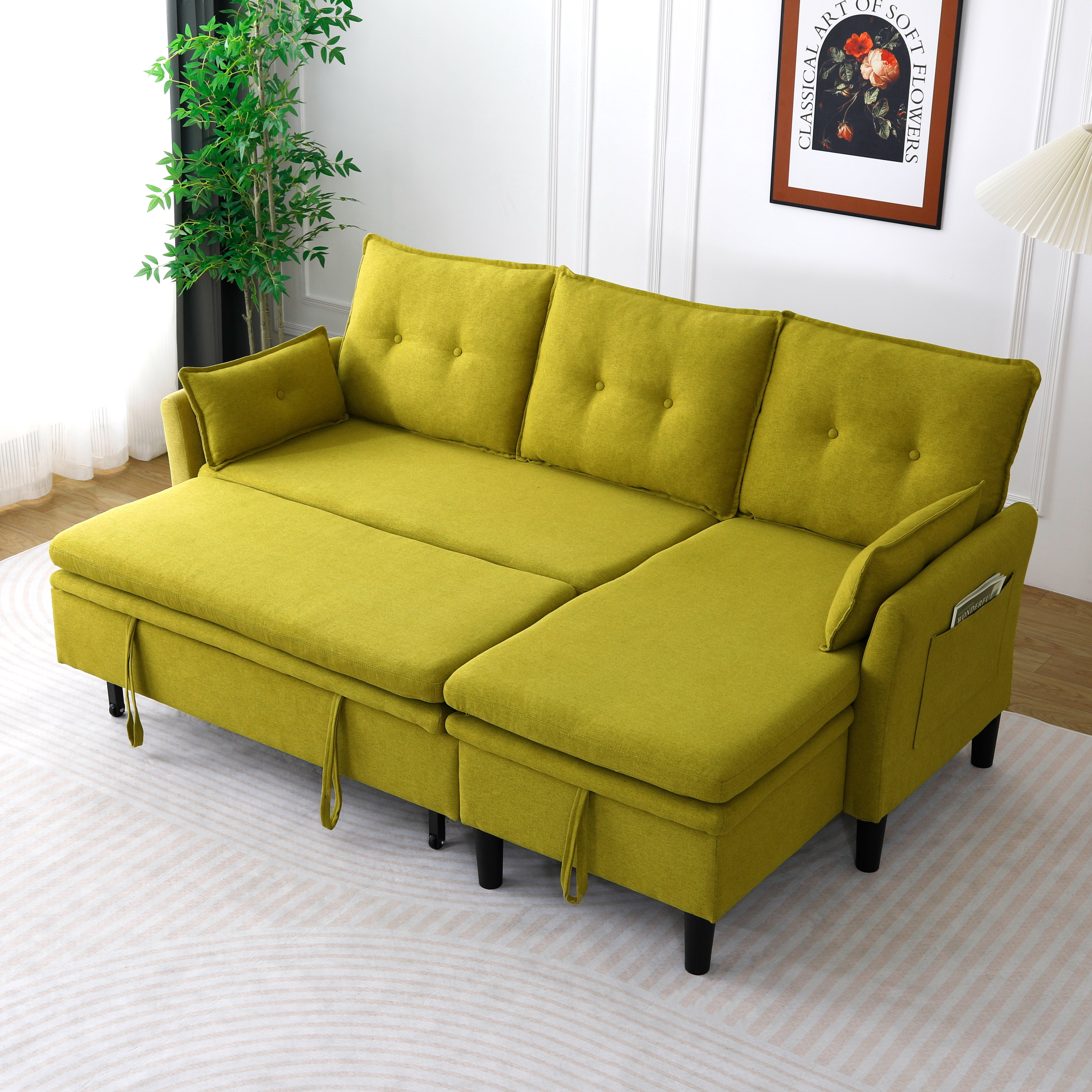 Gewnee L-Shaped Sectional Sofa,Reversible Chaise with Storage,Pull-Out Type Sofa Bed.Suitable for Apartments & Offices.Green