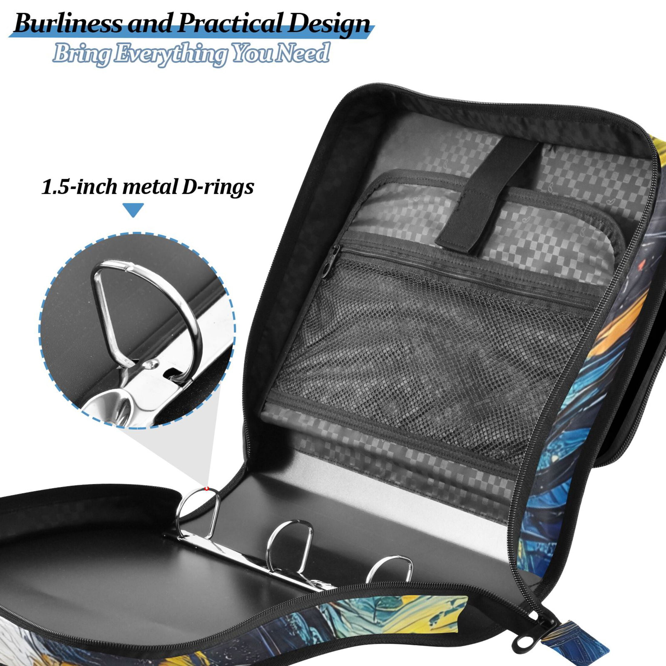 3 Ring Zipper Binder with Shoulder Strap Waterproof Trapper Keeper 2 Inch D-Ring 500 Sheets Capacity Dog and Starry Sky