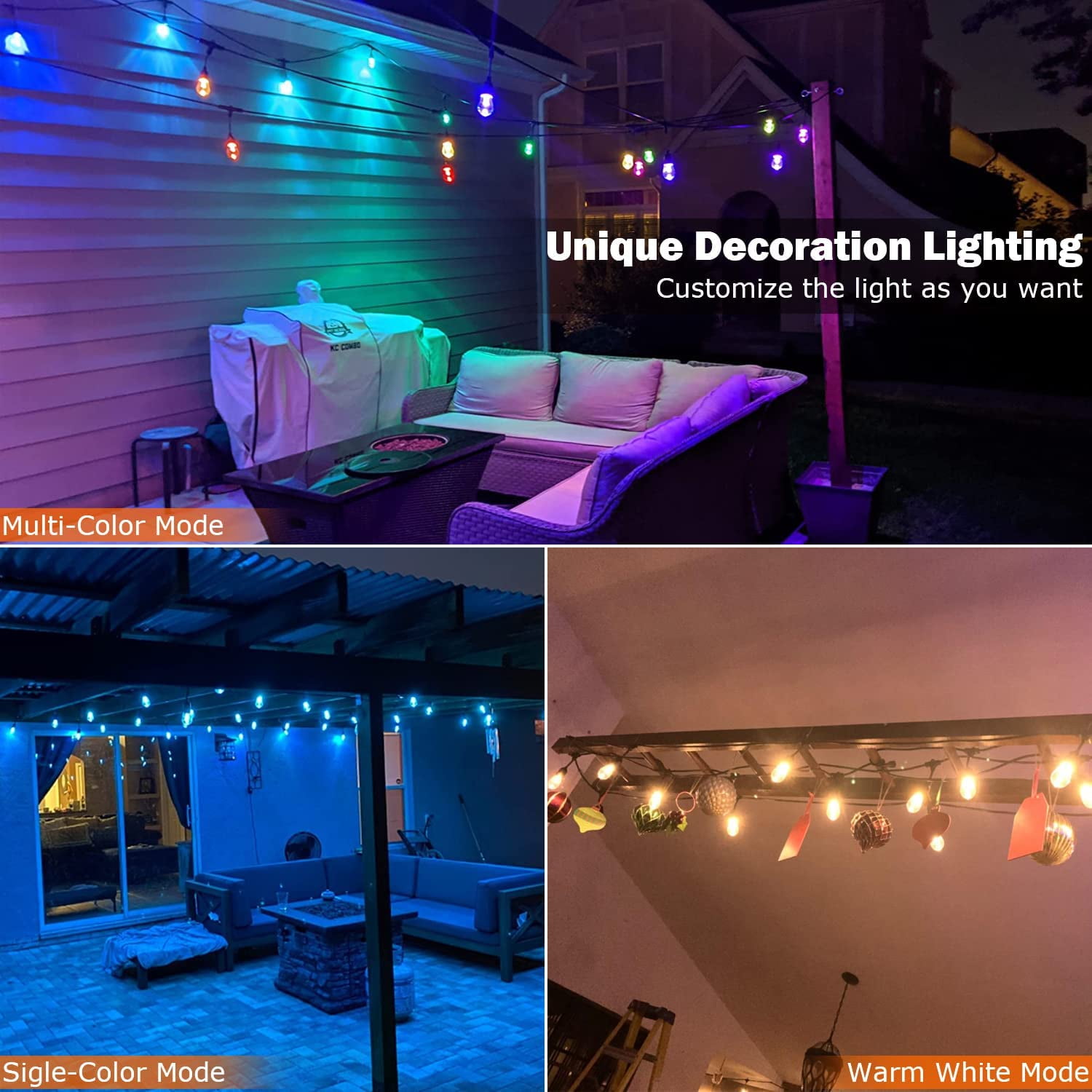 YI Lighting - 48ft Outdoor String Lights with 15pcs S14 RGBW Music-Synced Color Changing Bulbs Remote Control for Patio Yard Garden Party