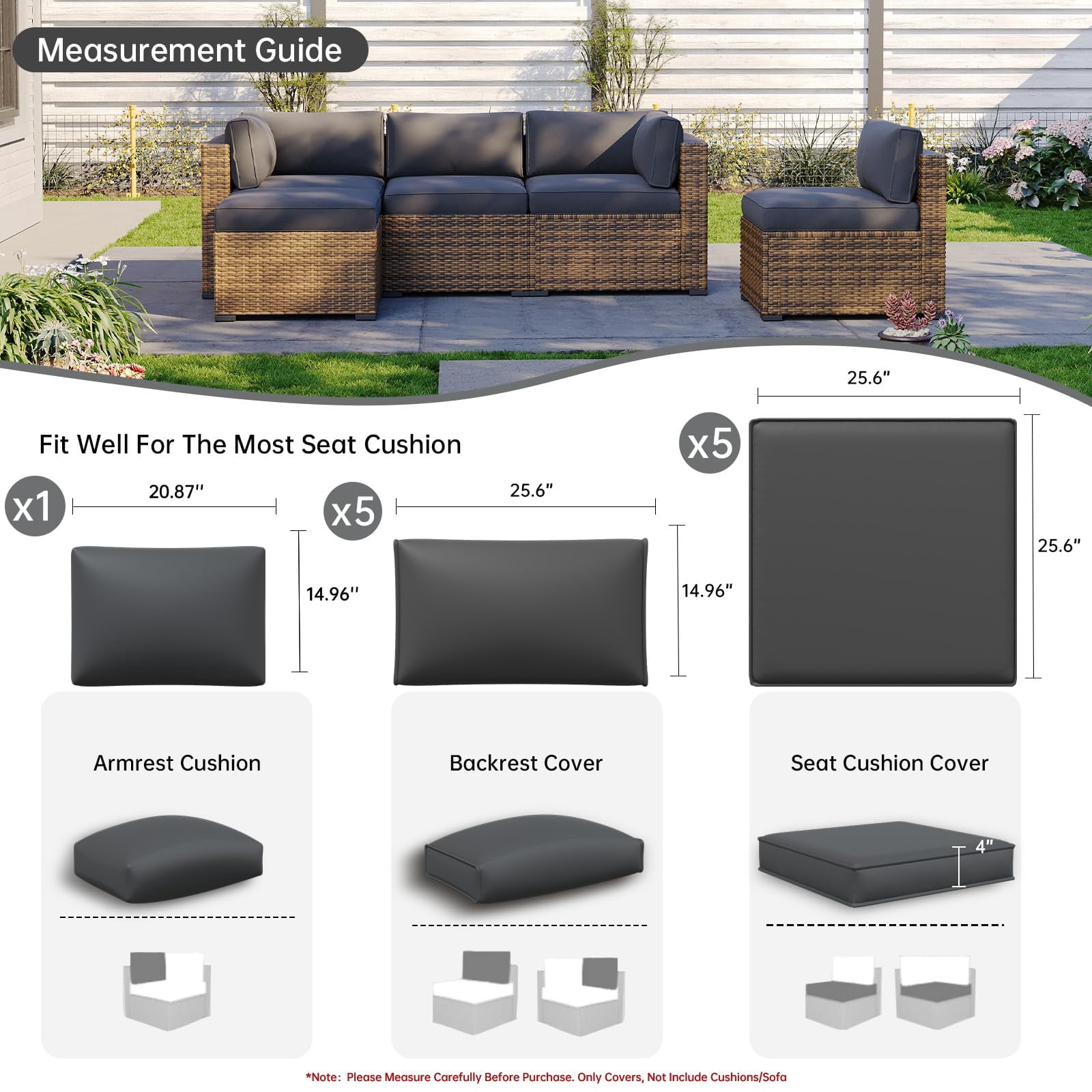 Clouddwell 11-Piece Outdoor Cushion Slipcovers Replacement for 5-Seat Wicker Sectional-Waterproof, Non-Slip Bottom (Dark Gray)