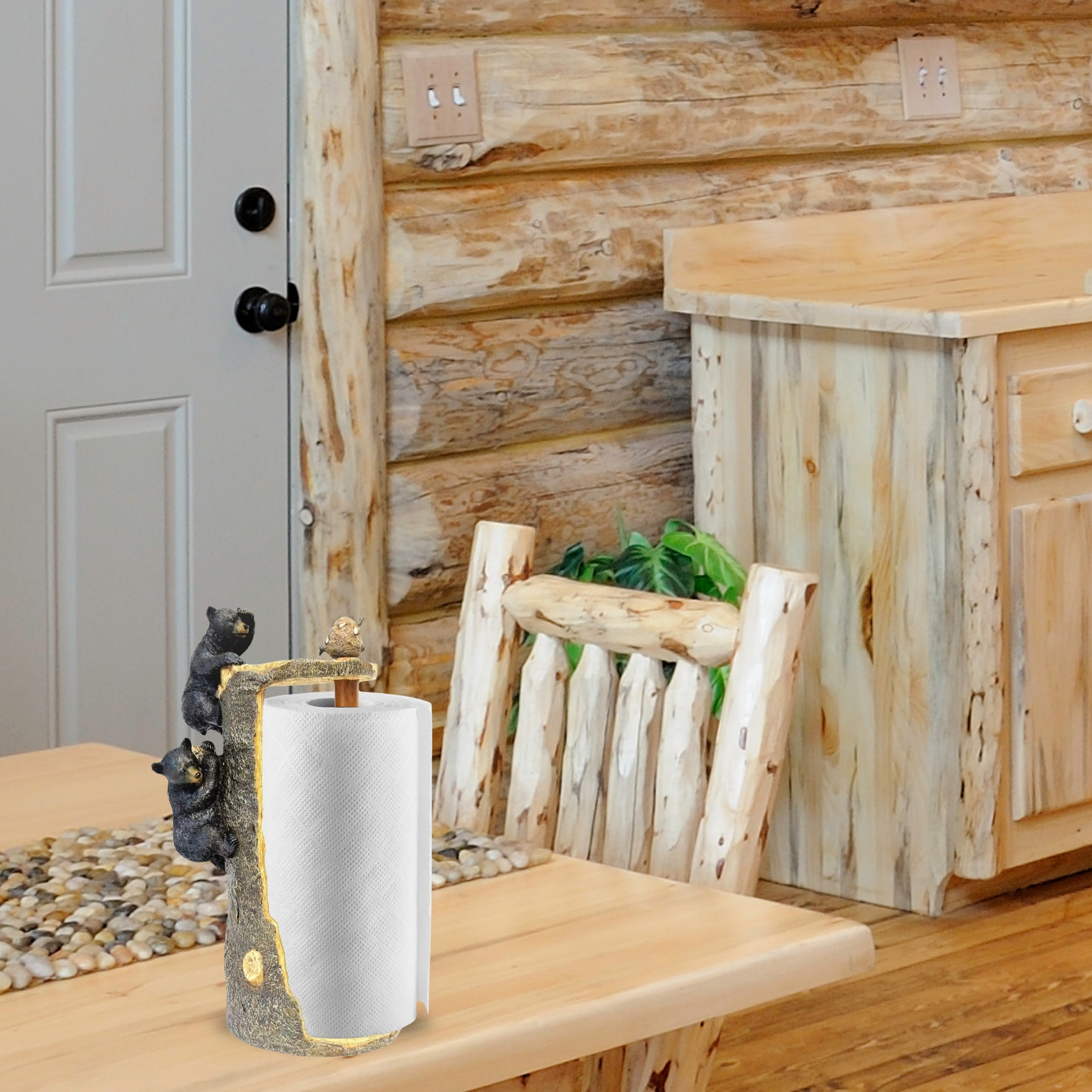 Black Bear Climbing Tree Paper Towel Holder Stand Dispenser, Rustic Woodland Home Kitchen Countertop Decor - Wildlife Themed Paper Towel Holder for Cabin, Lodge, and Rustic Kitchens