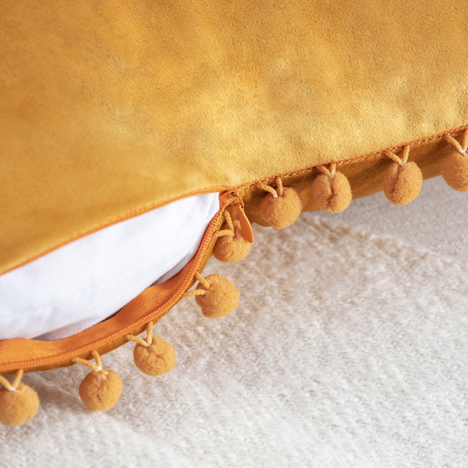 Phantoscope Designer's Choice Decorative Throw Pillow Set, Fluffy Faux Fur & Pom Pom Velvet Bundle, for Sofa Couch Bedroom, 18" x 18", Off White Fur and Orange Velvet, 2 Pack