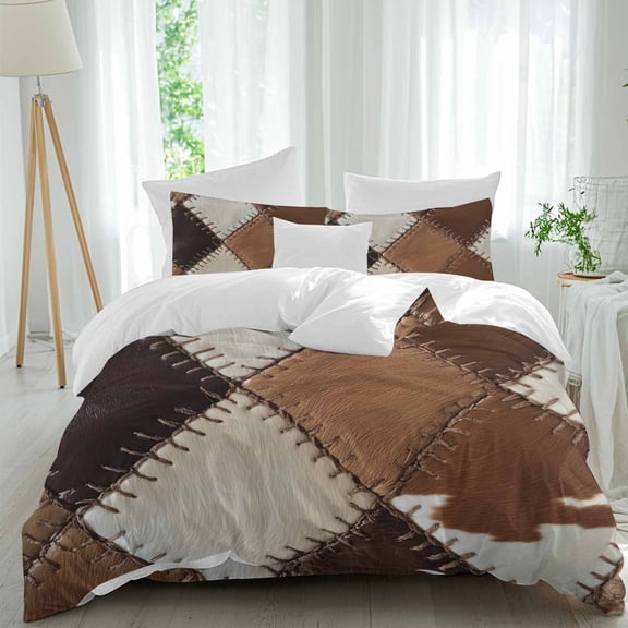 Queen 4 Piece Bedding Set Cowhide Leather Collage Art Soft Breathable Duvet Cover and Pillowcase,Abstract Animal Skin Texture Duvet Cover Set Washable Bed Sheets for Bedroom Dormitory Guest Room