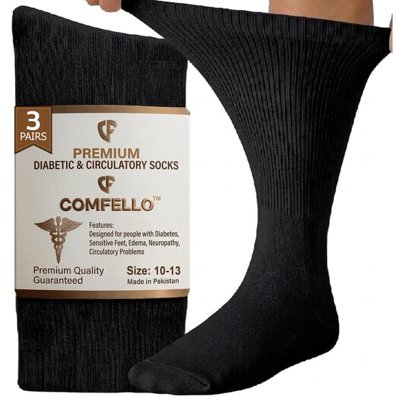 Comfello 3 Pairs Men's Diabetic Socks, Non-Binding Crew Socks, Extra Wide 10-13 Black