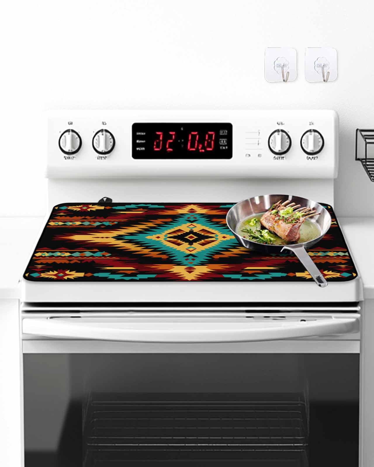 Stove Top Covers for Electric Stove, Boho Orange Teal Glass Stovetop Cover Protector, Southwestern Ethnic Abstract Geometric Induction Cooktop Protector Oven Mat for Kitchen Countertop 24"x21"