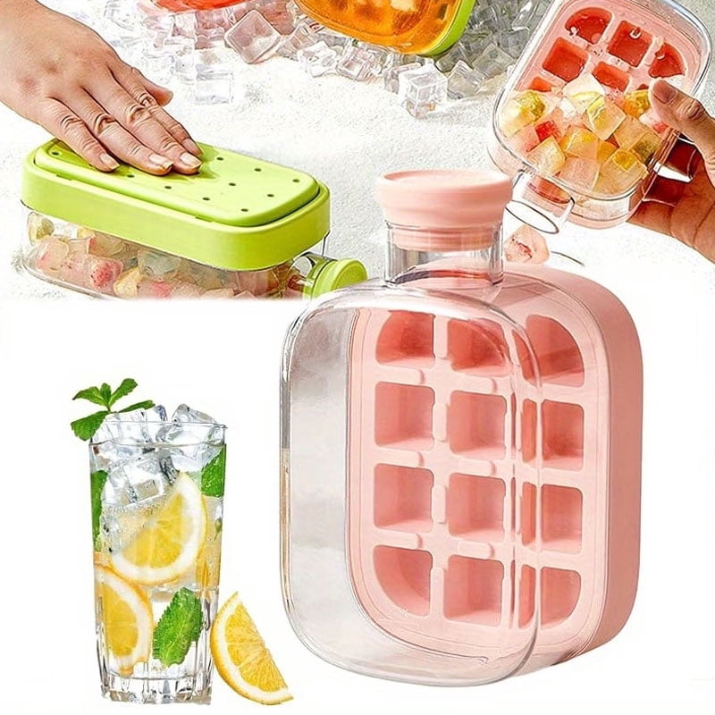 2-in-1 Press Type Cooling Cup Water Bottle with Ice Mold, No Touch Ice Maker with Lid for Whiskey, Cocktails, Reusable and Portable