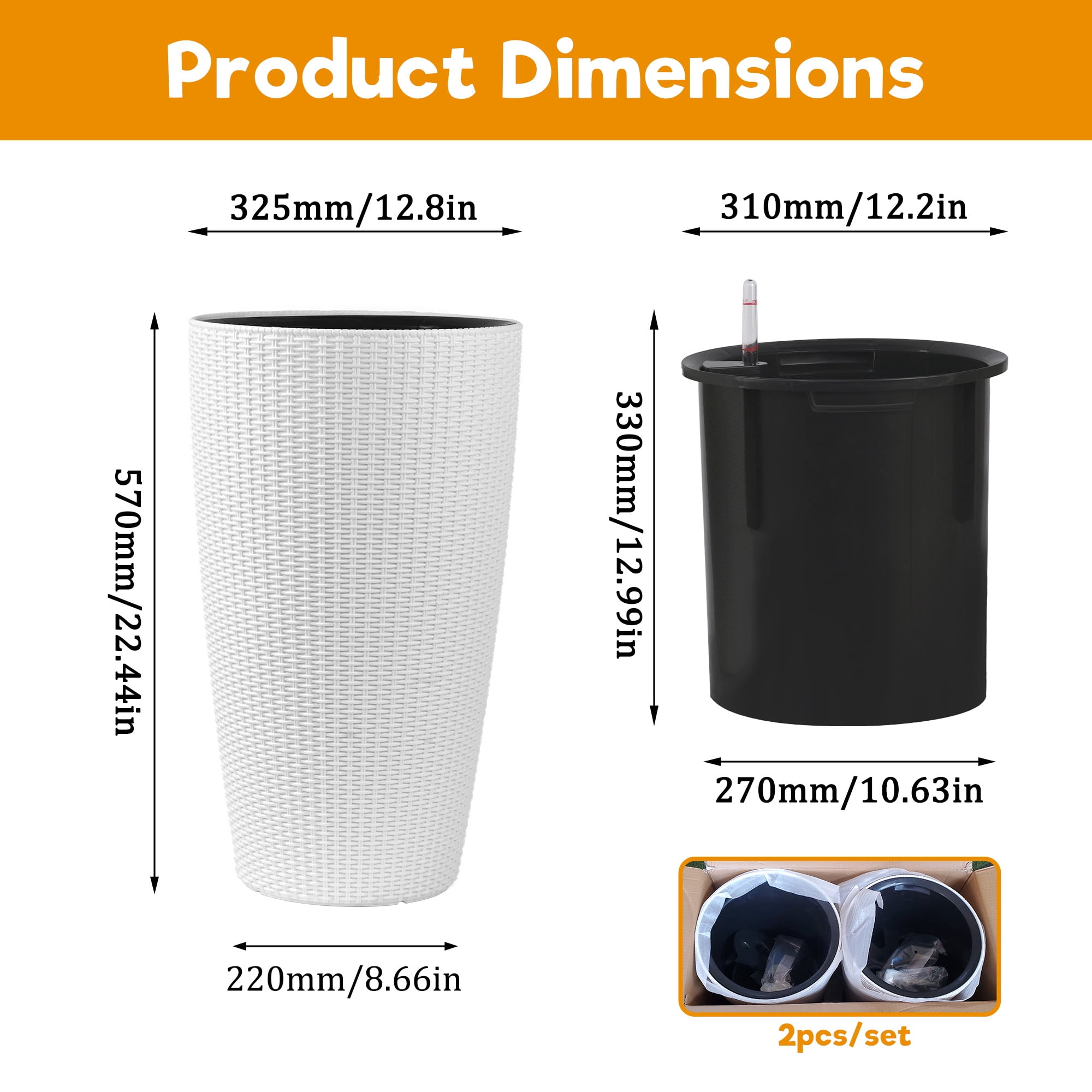 Rattan Planter, 2 Pack Universal Large Plant Pot for Garden Balcony Indoor Outdoor, White