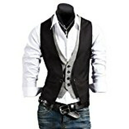Men`s Casual Fashion V-neck Double Layered Fit Vest Waistcoat Slim Jacket Tops (Asia XXL(US L),