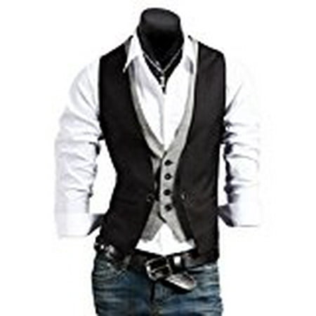 North Face Xxl Mens Jacket Men`s Casual Fashion V-neck Double Layered Fit Vest Waistcoat Slim Jacket Tops (Asia XXL(US L), Black) ()