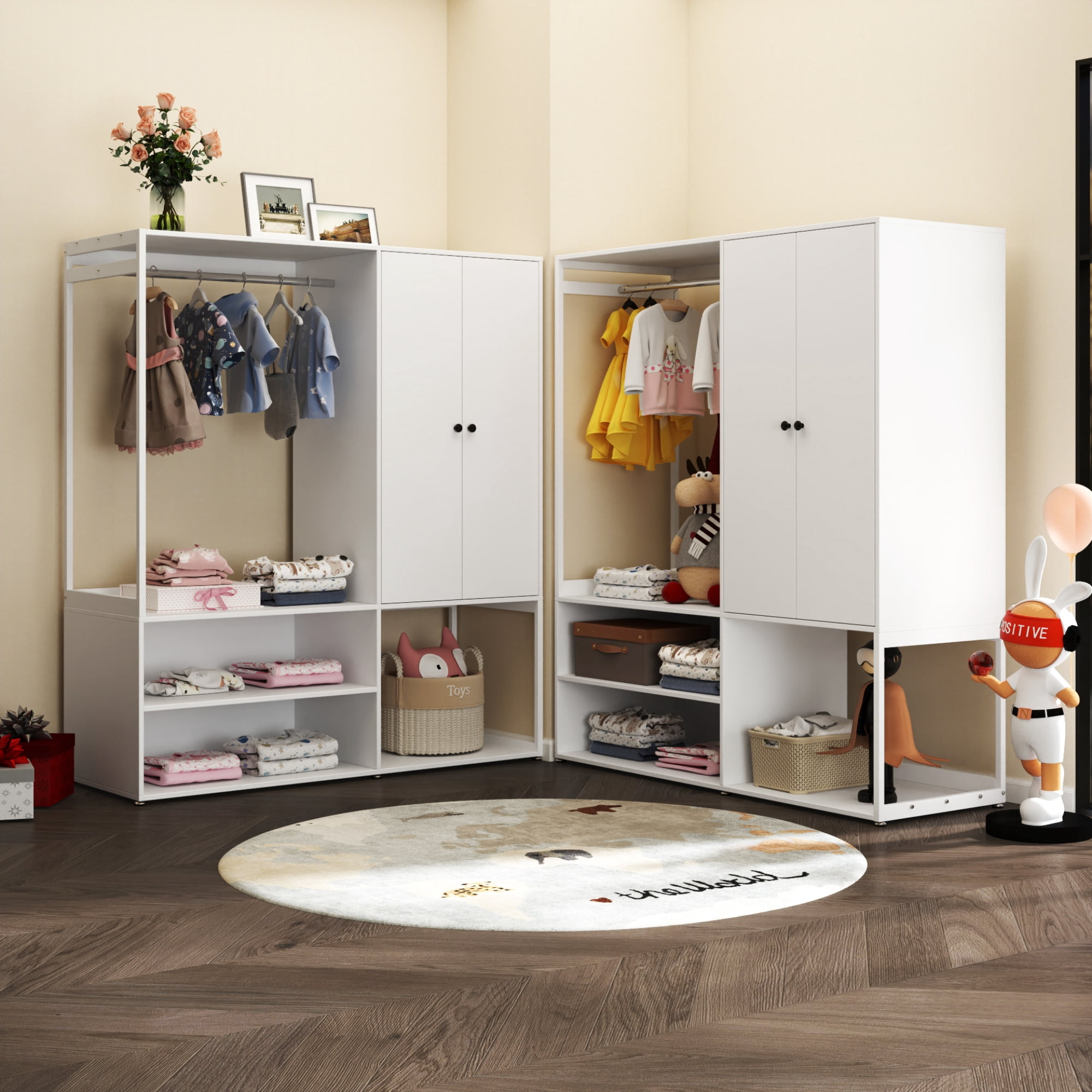 Wardrobe Closet, White Cabinet with Shelves, High wardrobe with 2 Doors with Hanging Rod for Bedroom, Living/Laundry Room
