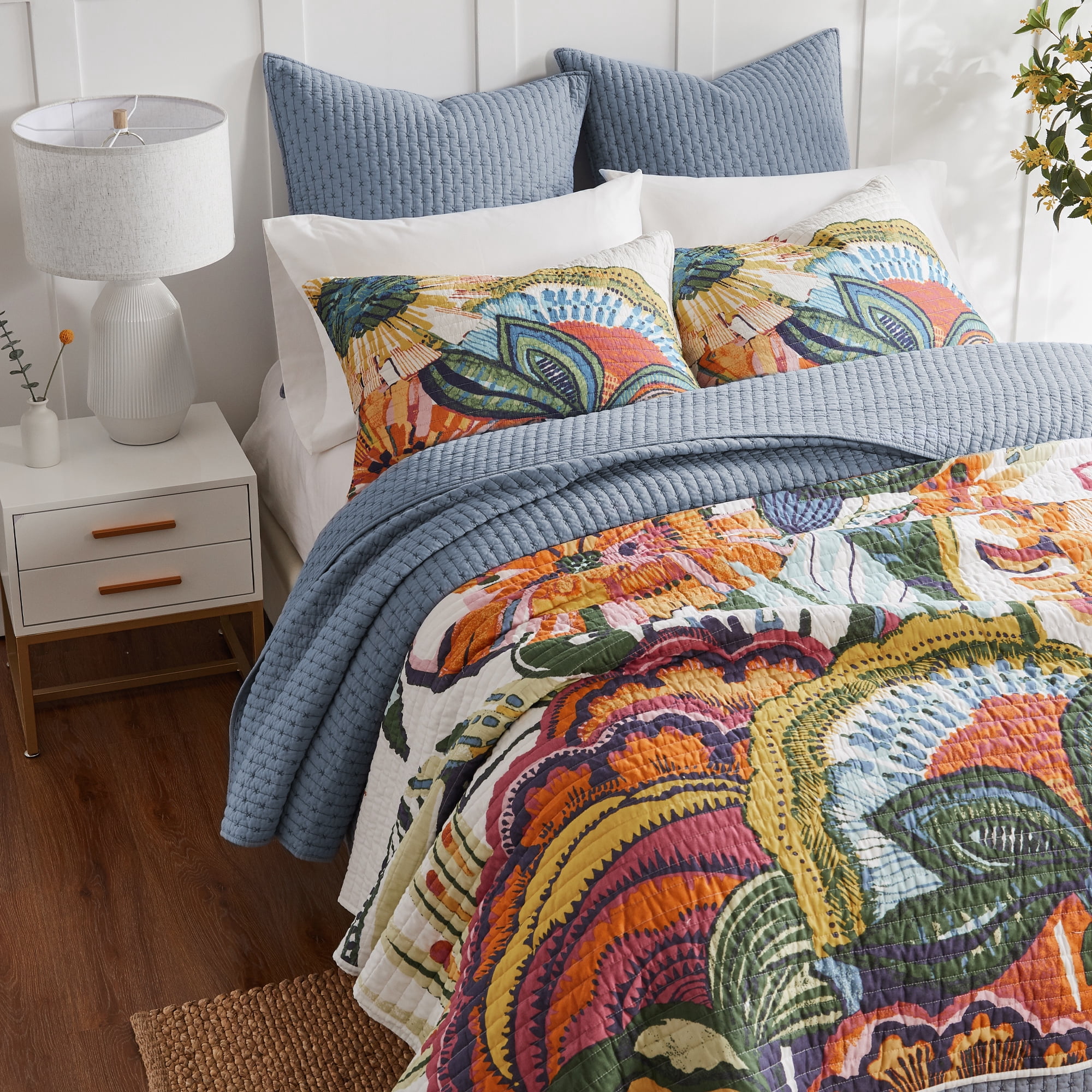 Levtex Home - Grandiflora Garden Quilt Set - Full/Queen Quilt (88x92in.) and Two Standard Shams (20x26in.) - Floral - Orange, Red, Blue, Green and Yellow - Reversible - Cotton/Polyester