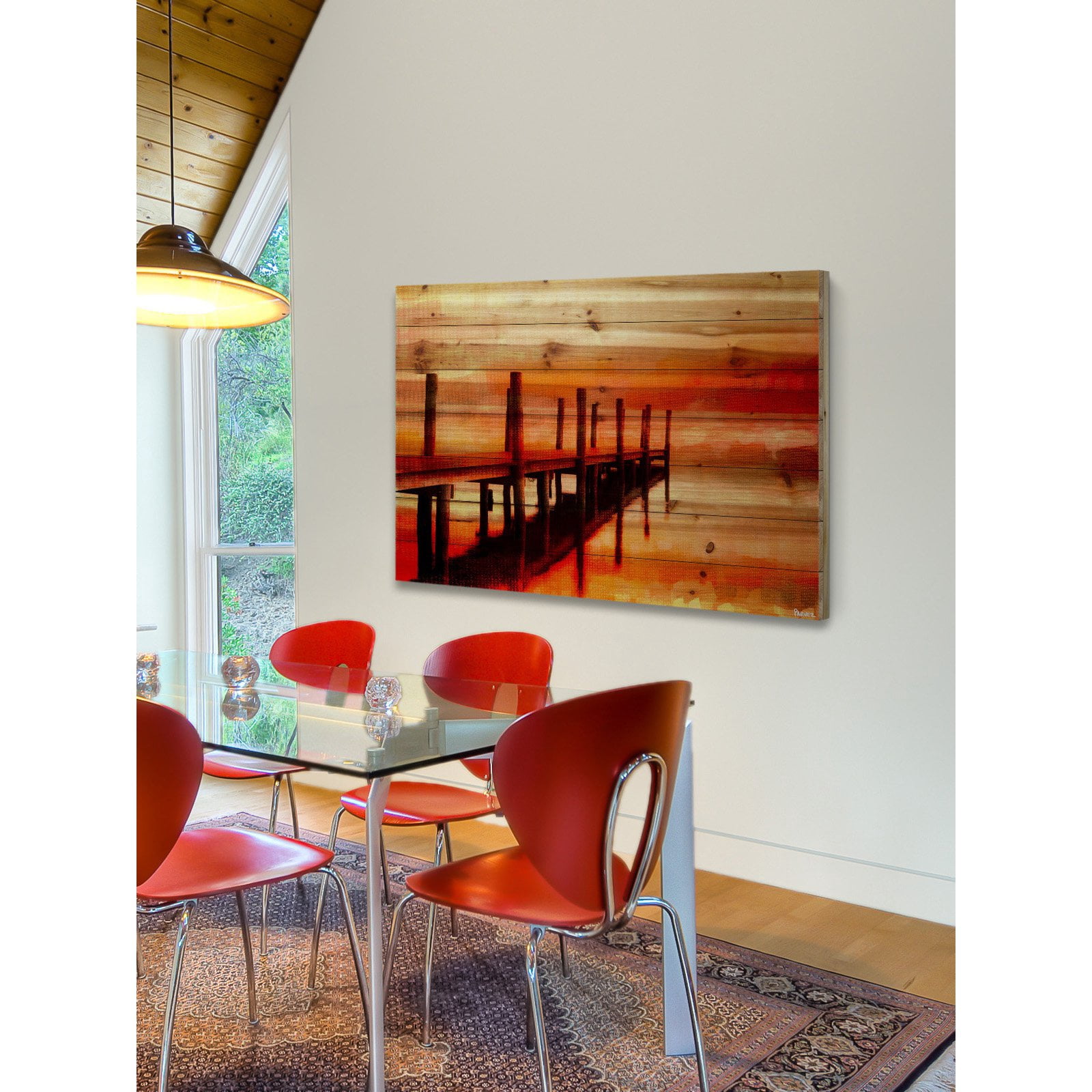 Marmont Hill Sunset Dock Painting Print on Natural Pine Wood Wall Art