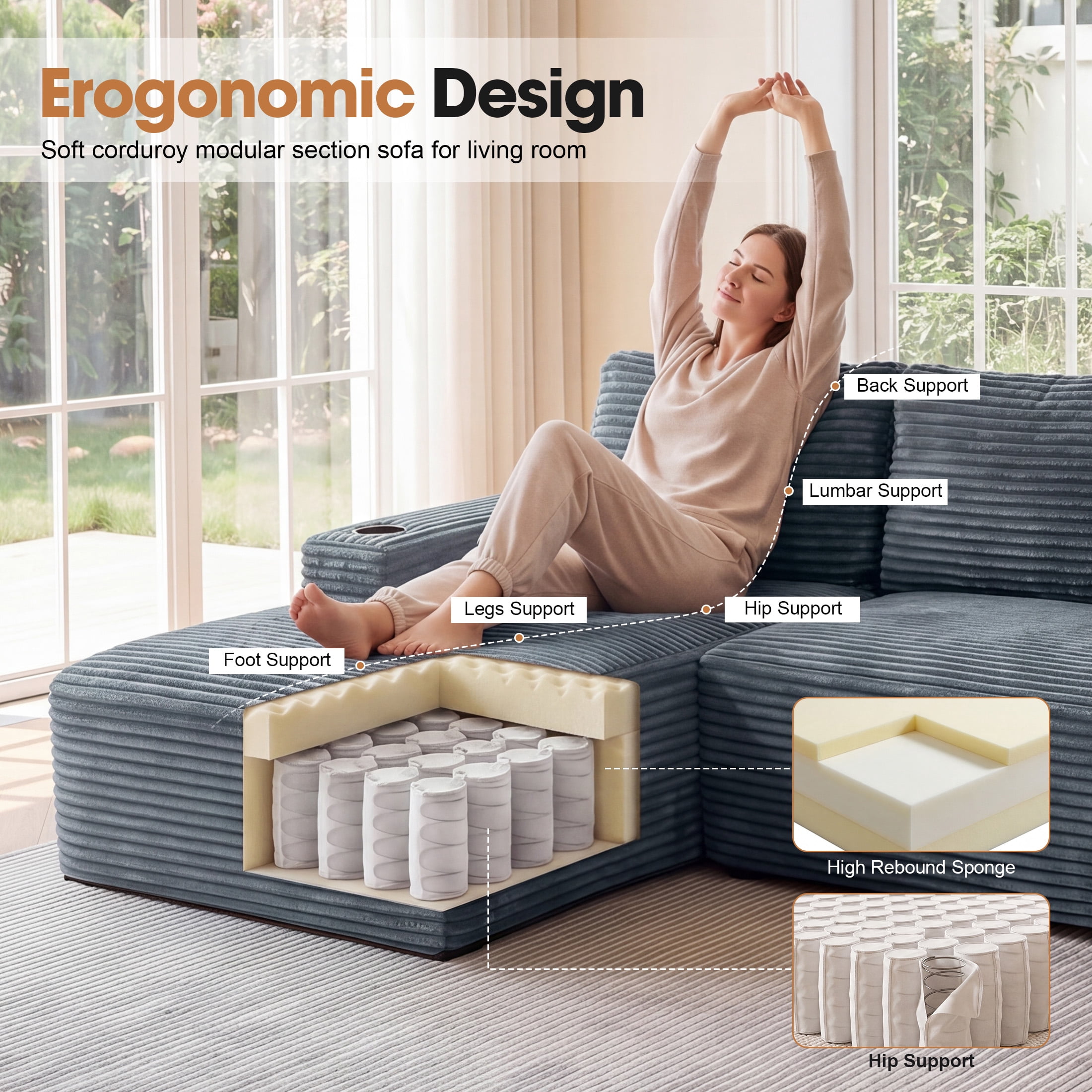 Aenkyo 104 Inch Corduroy L-Shaped Cloud Sectional Sofa with Left Facing Chaise and Cup Holders, Gray