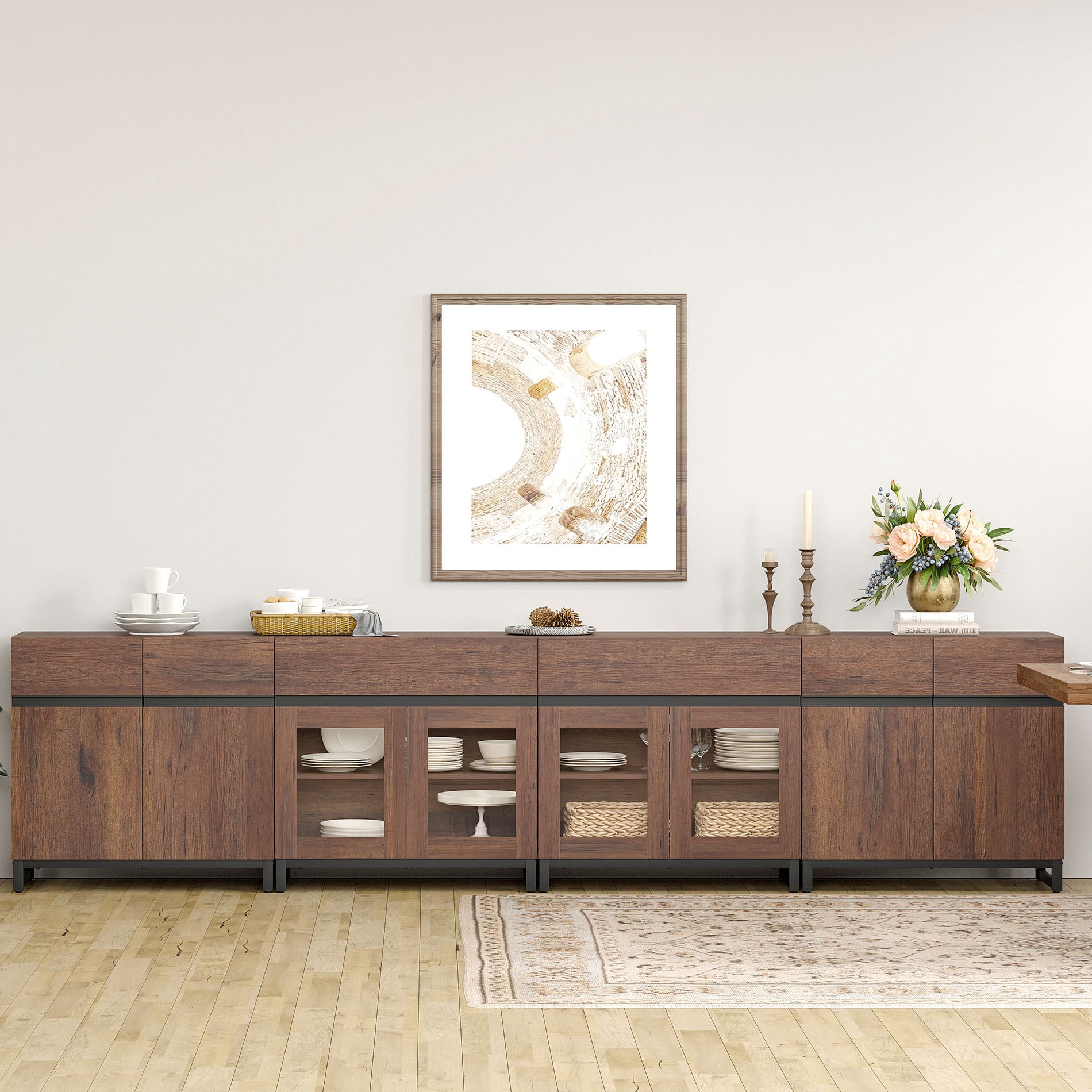 4 In 1 Sideboard Buffet Cabinets With Glass Doors And 2 Drawers, Modern Sideboard Credenza With Adjustable Shelf And Metal Base,Cabinet Storage Cabinet,Brown
