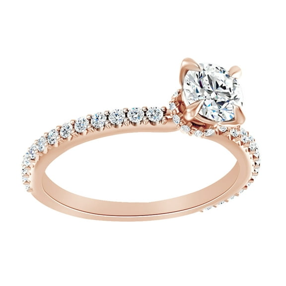 AFFY Simulated White Moissanite With Natural Diamond Engagement Band Ring In 14K Rose Gold, Size-4.5