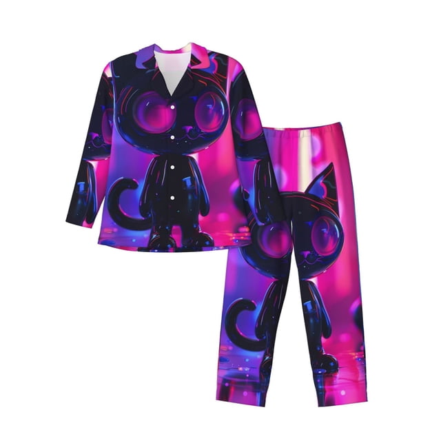 Balery Neon Toy Cat Reflections Pijama para Hombre de Dos Piezas con Manga Larga, Conjunto de Dormir y Descanso Suave con Bolsillos-Medium