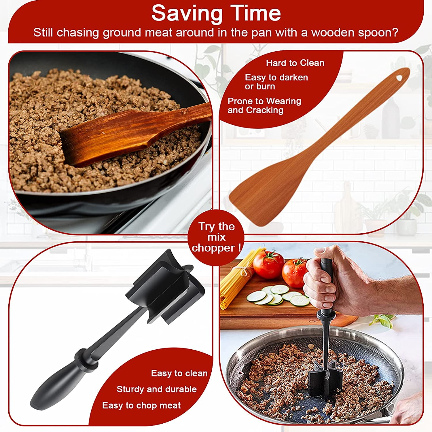 Meat Chopper, Multifunctional Good Cook Heat Resistant Nylon Soft Grip Ground  Beef Meat Chopper Utensil, Hamburger Meat Chopper for Non Stick Blends and  Mashes, Mix Chopper, Black 
