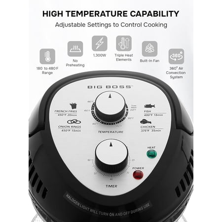Big Boss Air Fryer Toaster Oven Combo 16Qt Kitchen Countertop Convection Rotisserie 1300W Large Glass Bowl Silver