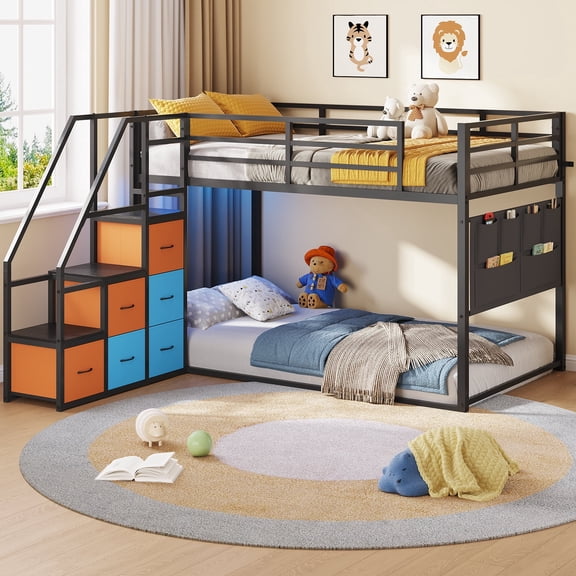 Low Bunk Bed Twin Over Twin Size with 6 Storage Drawers and LED Lights, Reversible Metal Bunk Beds with 6-Pocket Organizer and Storage Staircase, Twin Loft Bed with High Guardrails, Black